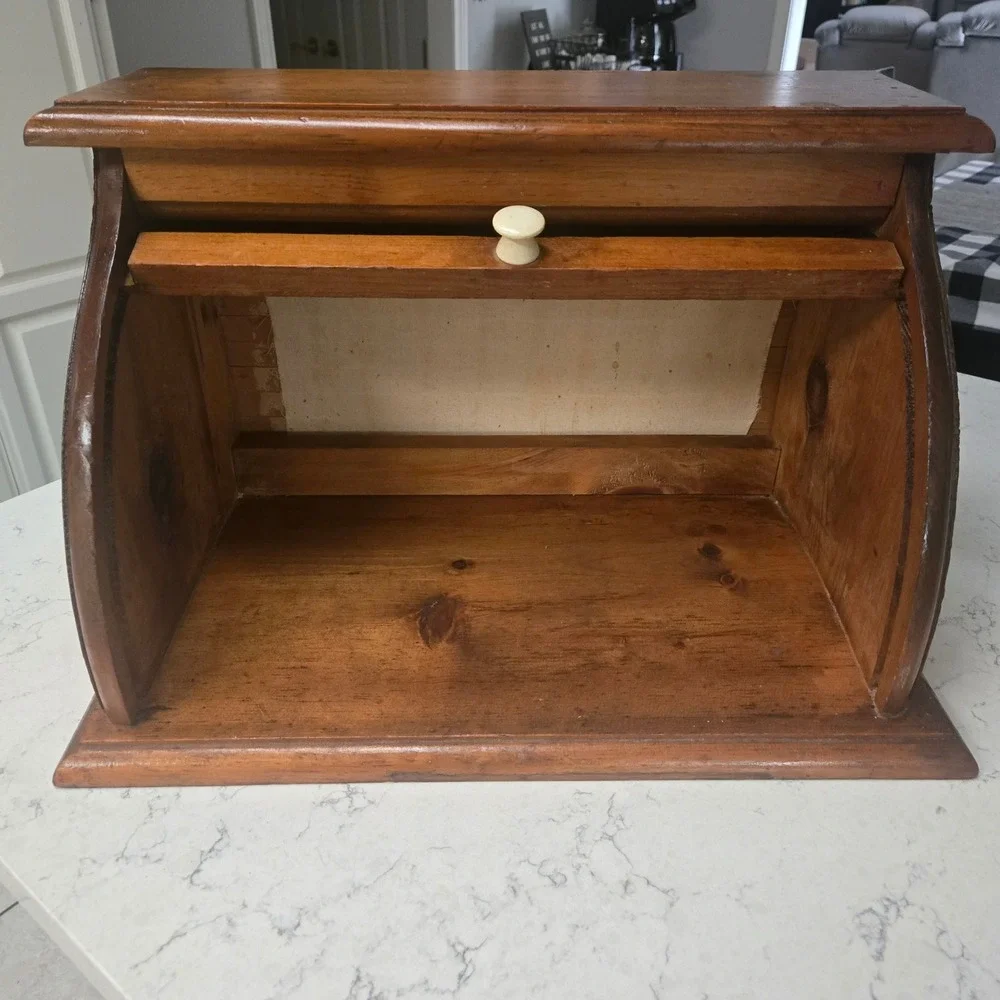 Vtg 70s Wood Roll Top Bread Box Country Farmhouse Cottage Floral 18x11.5x11 VGC